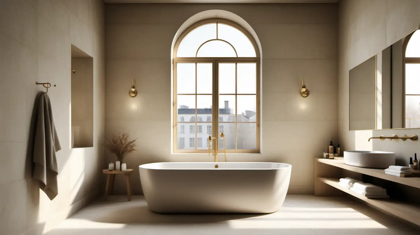 a hyperrealistic image of a classic contemporary large home minimalist hotel-style bathroom limewash walls in Bauwerk Bone; blonde oak;  brass; Large Window;