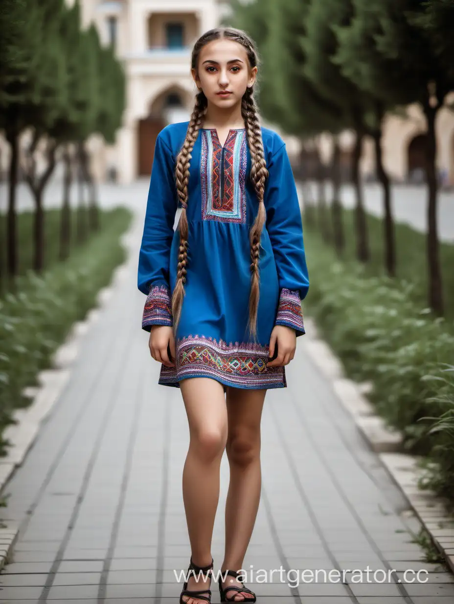 Azerbaijani girl in a national mini-dress with bare knees and long sleeves and braids, full height