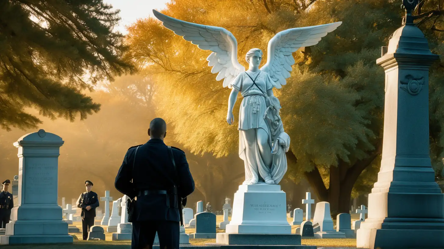 american comic, cinematic lighting, Illustrate the scene with a 40-year-old one white security guard in a cemetery during the morning. The guard, visibly shocked, is watching a big white angel statue. Convey the eerie morning light, casting long shadows and illuminating the details of the angel statue. Capture the emotion on the guard's face, emphasizing the contrast between the serene statue and the guard's surprise.