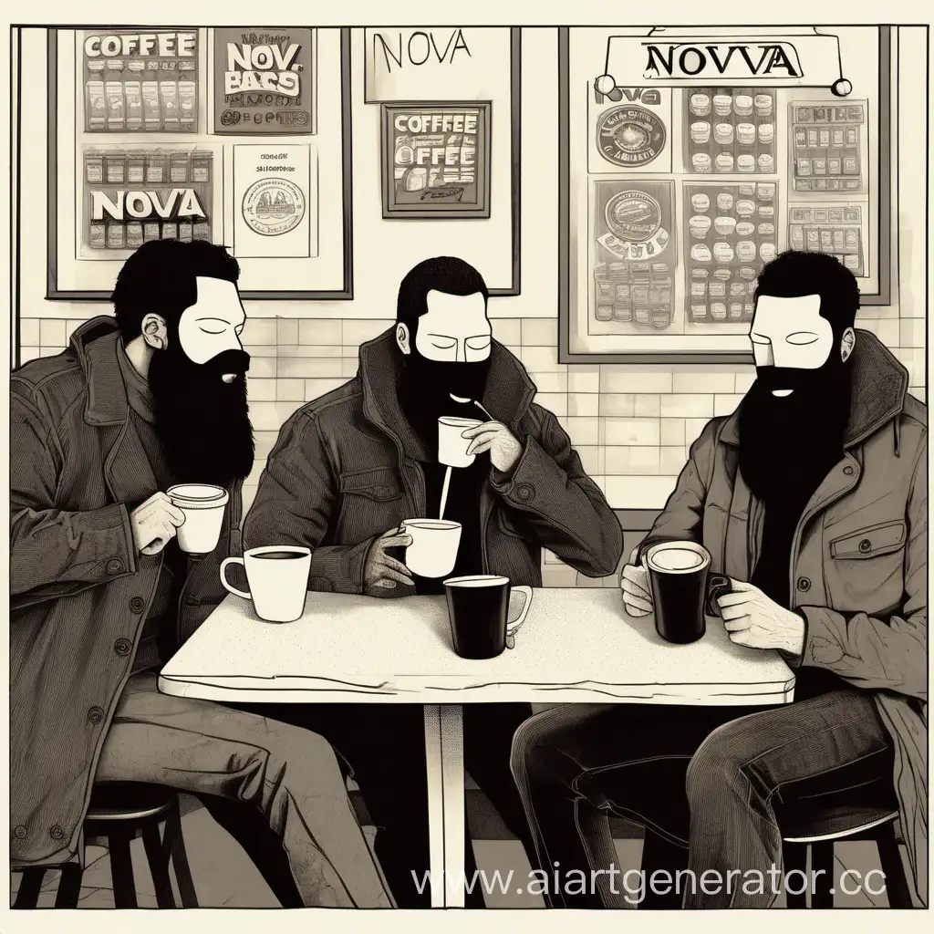 группа мужчин без лиц и с бородами кофейне под названием NOVA  пьют кофе