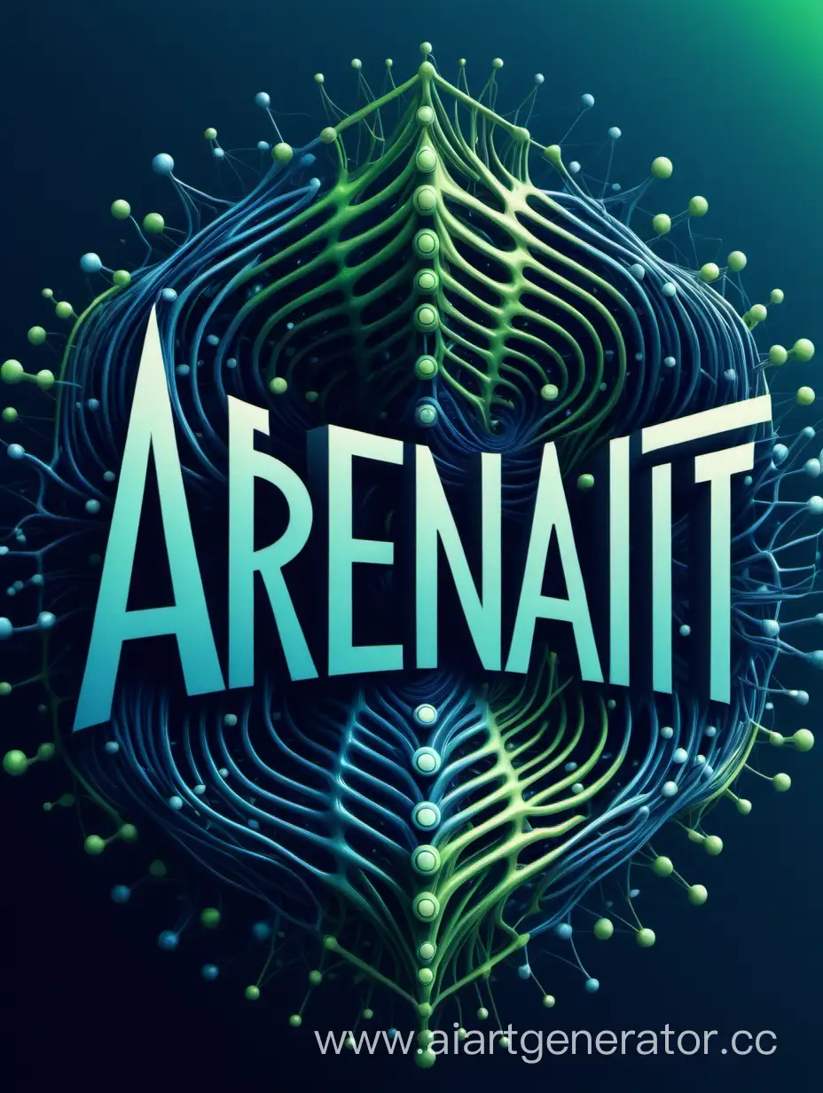 Логотип с текстом "ArenaIT" в стиле нейросетей в синих и зеленых цветах
