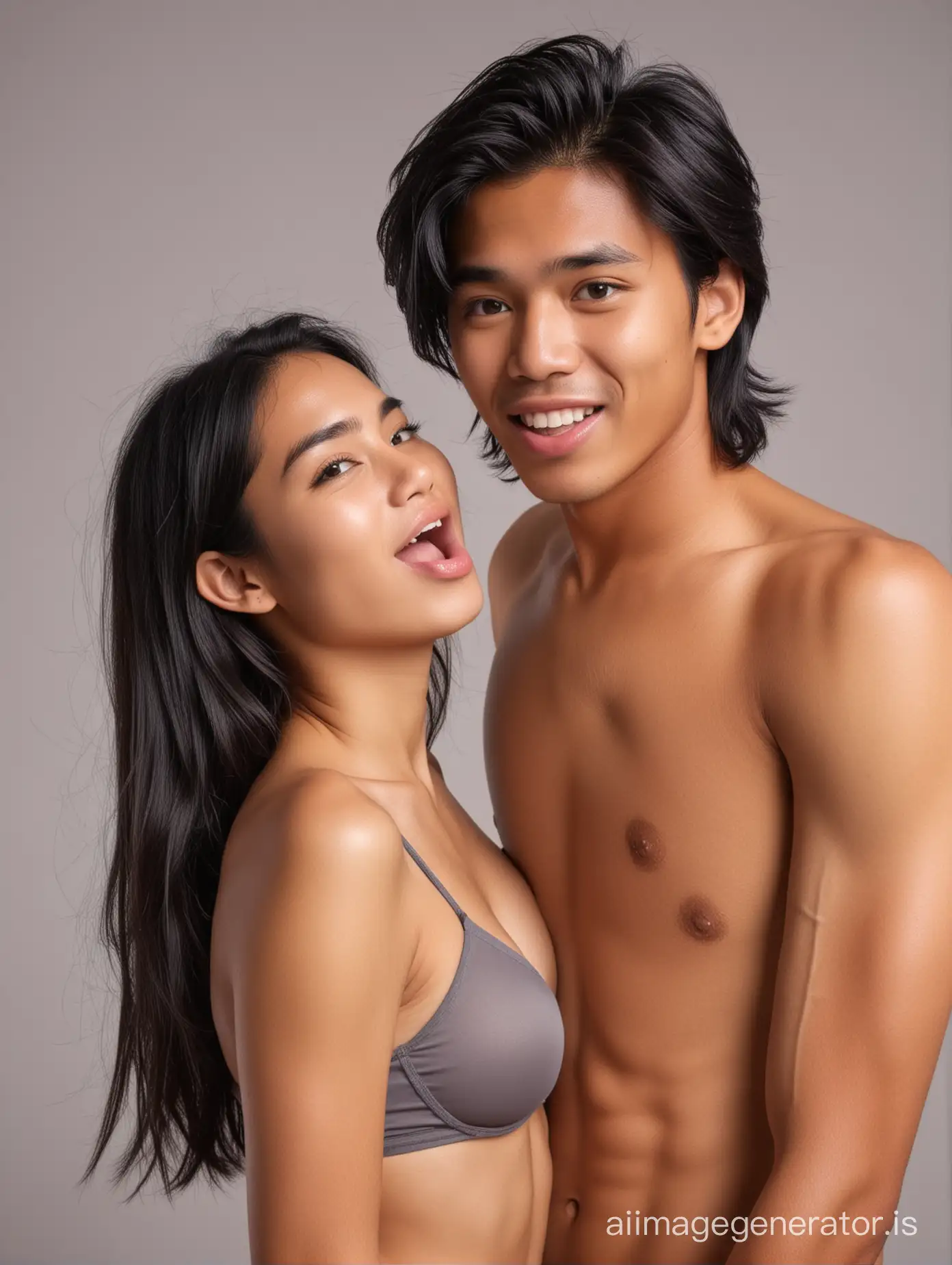 An Indonesian boy, attractive, short thick black hair, is astonished because he received a good kiss on his right cheek from his beautiful girlfriend, she has long hair, she is wearing a grey bra. The boy is shirtless. The boy looks at the camera feeling excited and aroused.