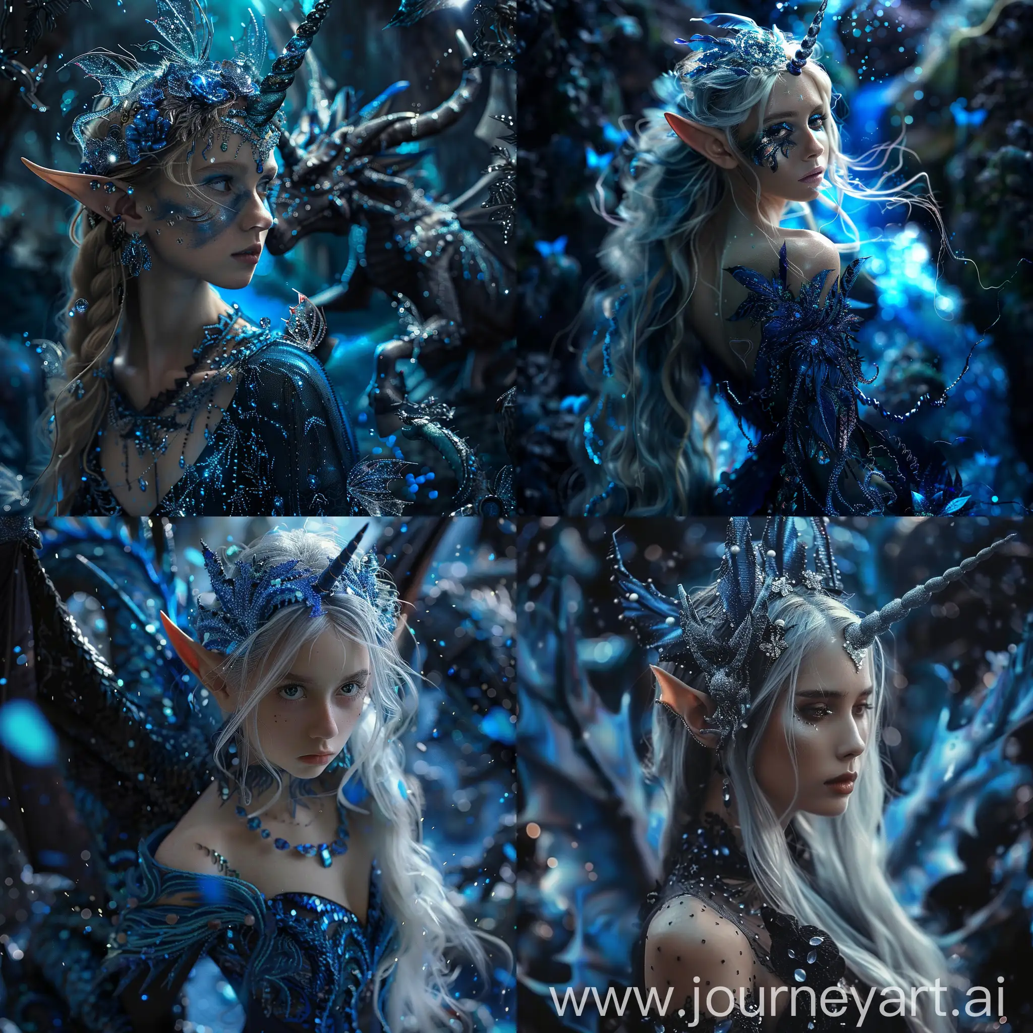 Generiere, die schönste Elfe der Welt in einem wundervollen Zauberland, in dem alles blau und schwarz schimmert und unfassbar wunderschön ist. Dort sind Drachen und Einhörner und die schönsten Elfen der Welt.