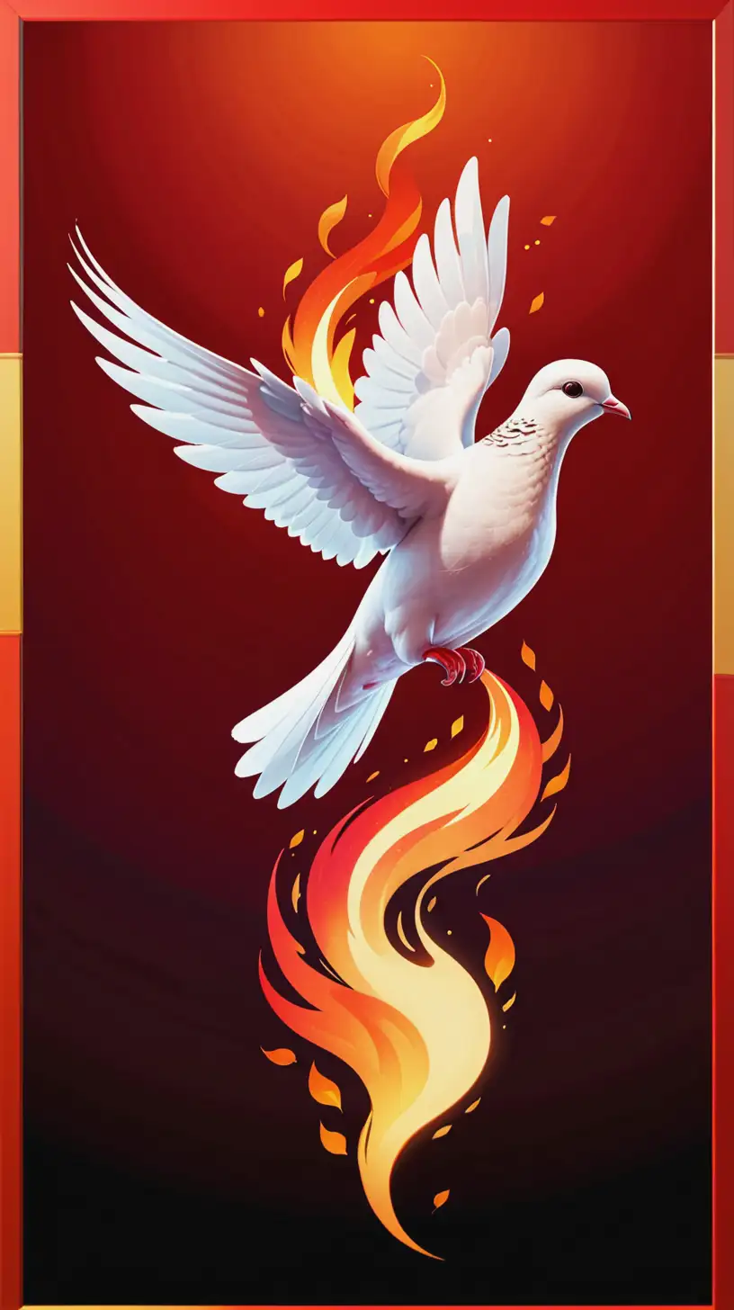 Cartoon Dove Flying in Stylized Flame with Red Border