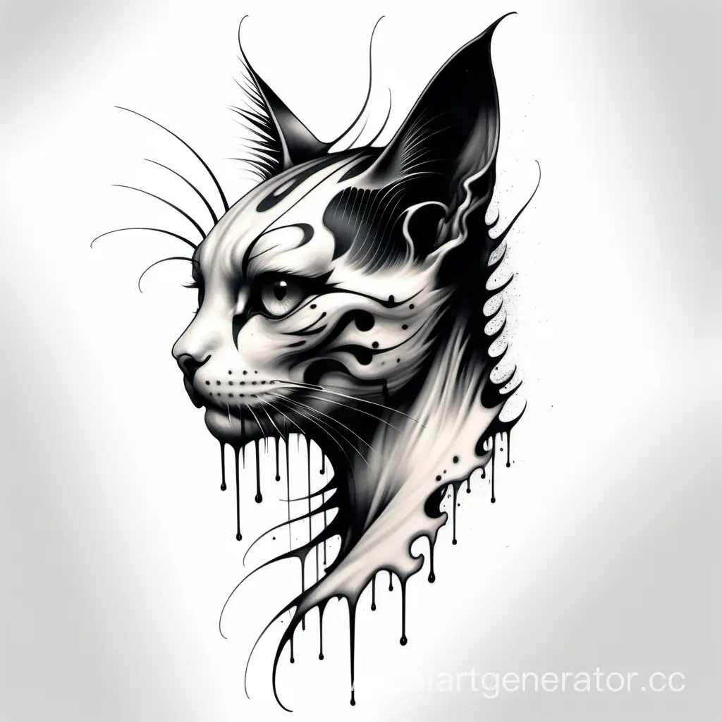 masterpiece cat tattoo design, 3/4 profile angle, modern dark tattoo style, explosive strong brush chaos dripping , michael hussar black ink details, --white background