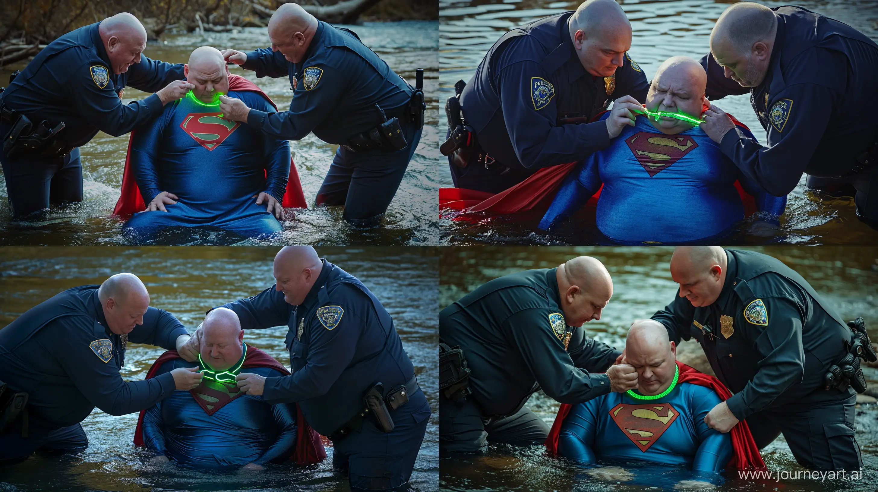 A closeup photo of two chubby man aged 60 wearing a long-sleeved navy police uniform, bending and tightening a green glowing small short dog collar on the neck of another chubby man aged 60 sitting in the water and wearing a tight blue silky superman costume with a large red cape. River. Natural Light. Bald. Clean Shaven. --style raw --ar 16:9 --v 6