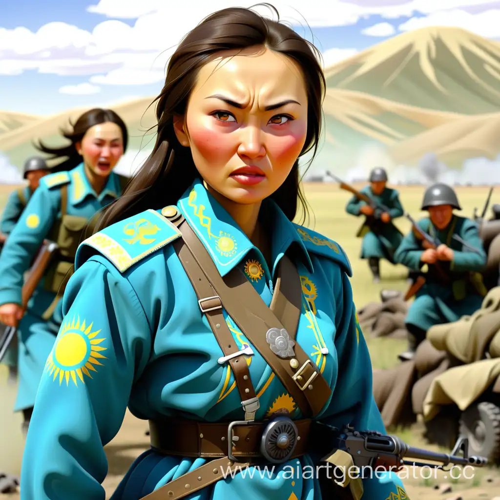 Kazakh-Woman-in-Traditional-Warrior-Garb-Amidst-Battle