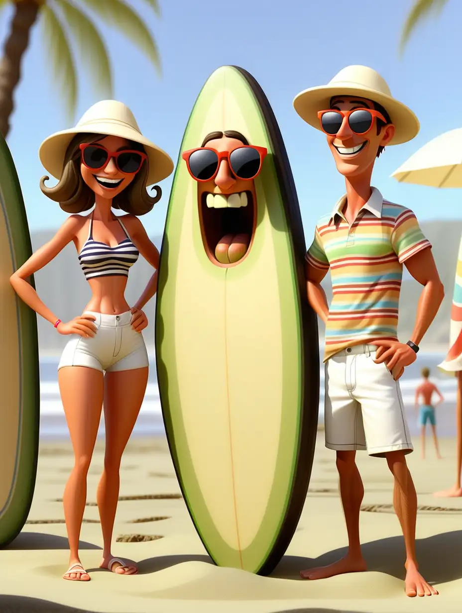 Three goofy cartoon beach partiers wearing sunglasses on a beach in California all holding a surfboard. They are dressed in vertical striped shirts with white shorts. Vivid, scene: a sunny beach. In the background a big avocado with a smiling face, pixar style illustration