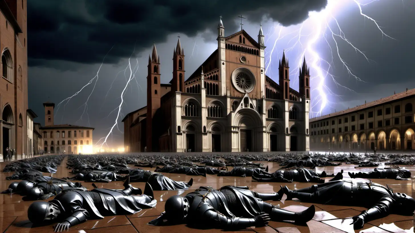 Año 1525, imagen fotorrealista , catedral de Pavía, lluvia, soldados muertos en el suelo, rayos en el cielo