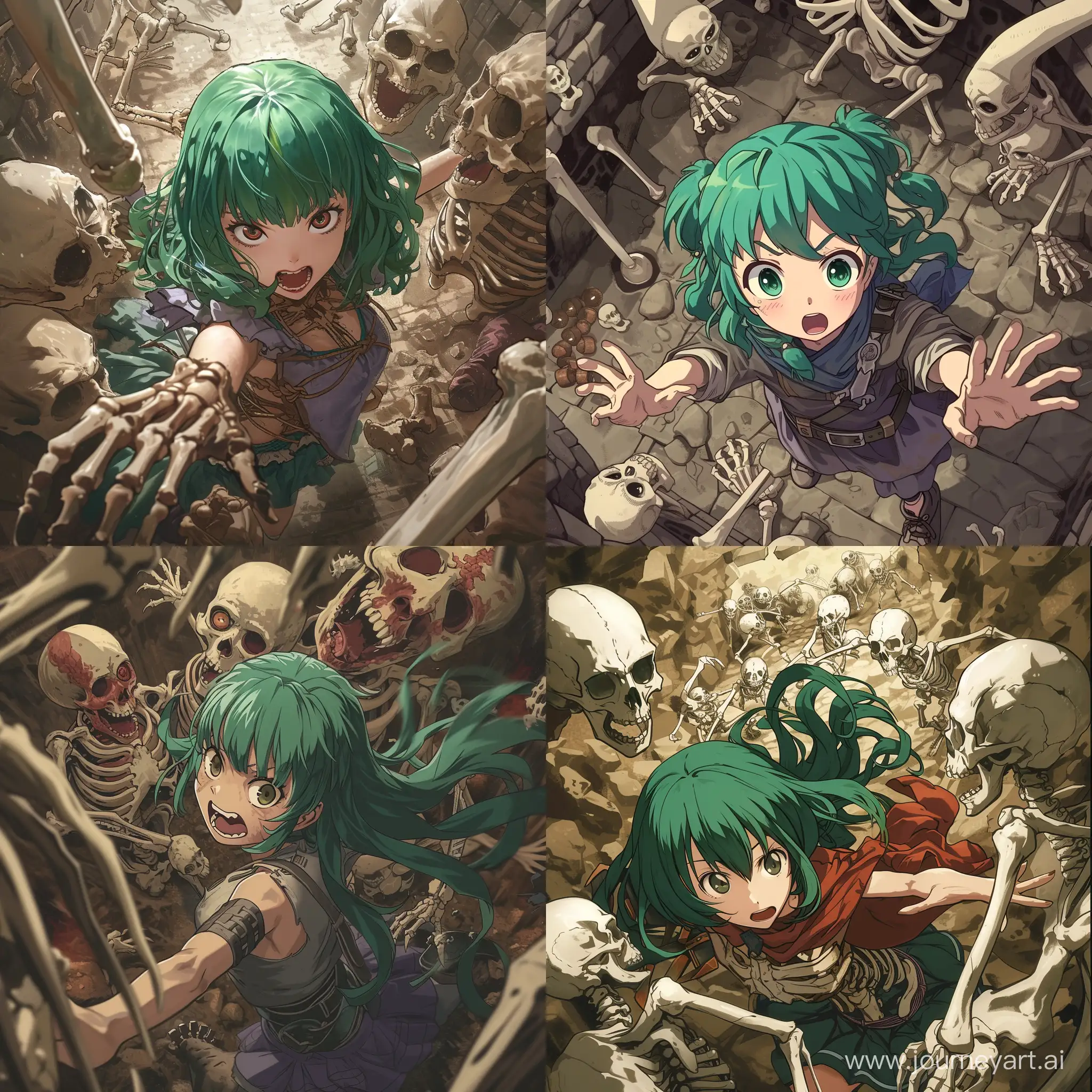 Аниме девушка с зелёными волосами является авантюристом и находится в тёмном подземелье где сражается с ордой скелетов и монстров
