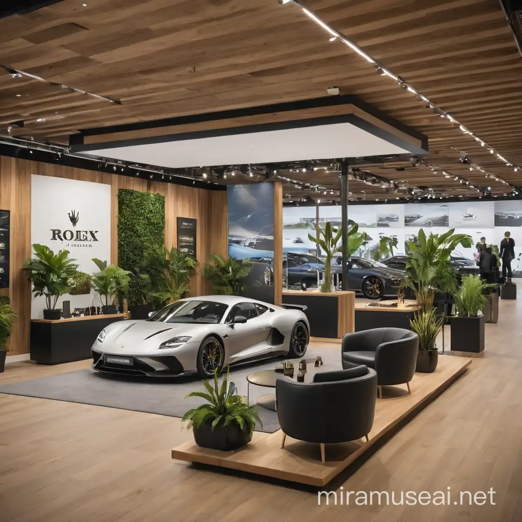 As part of the Paris Motor Show, I'd like to obtain a visual for a 23m x 22m (506m2) stand, called the Dream Zone, which will enable 4 exhibitors to present their products.
- 3 car exhibitors (Porsche, Maserati and Aston Martin) each present 3 vehicles. Each also has a semi-open reception area to welcome prospective customers. This space must have a lounge waiting area for 4 people and a reception desk.

- 1 watch exhibitor (Rolex): can present its products in a showcase.
In the center of the stand, a round bar with a few seats allows visitors to consume drinks and relax.

The stand should be luxurious, with black, bland and wood materials and a few plants.
It should be partitioned, yet allow vehicles to be visible from the outside, and have an entrance to welcome and filter visitors.
It should be eye-catching from afar, with tall signage systems.
Le stand doit comporter 9 véhicules