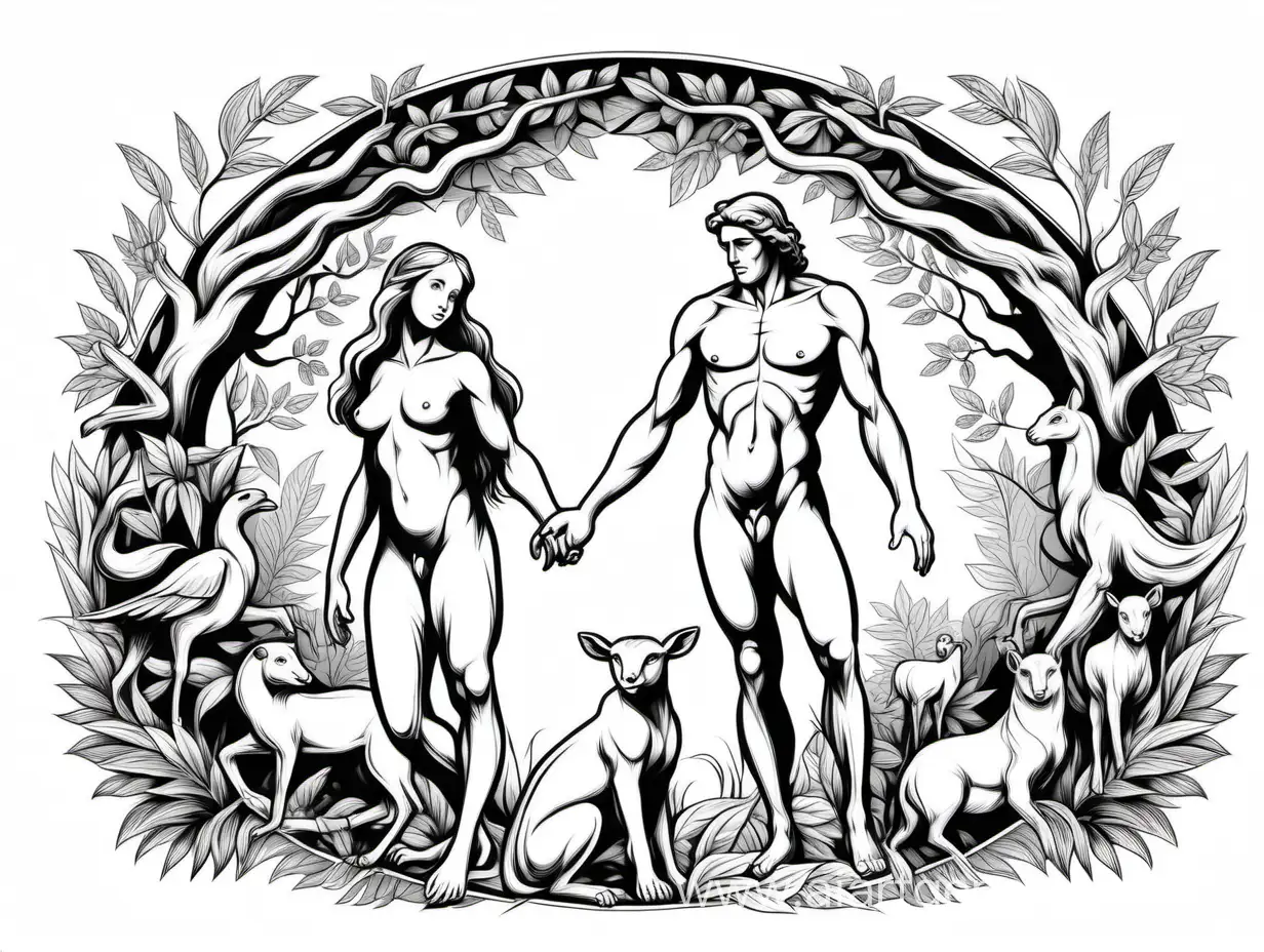 Adam-and-Eve-with-Animals-High-Contrast-Vector-Illustration