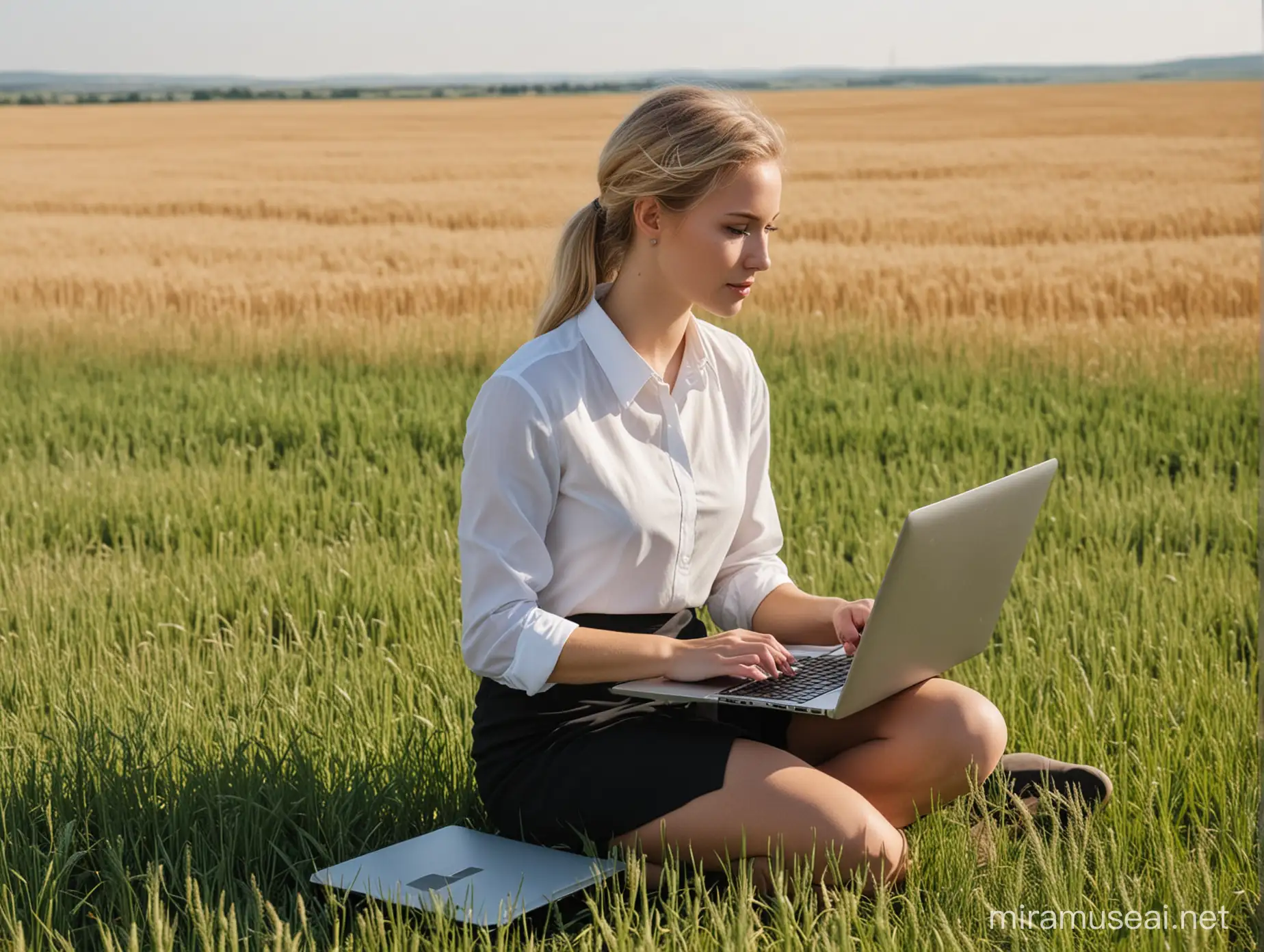 Blonde Business Consultant Evaluating Crops in European Wheat Fields