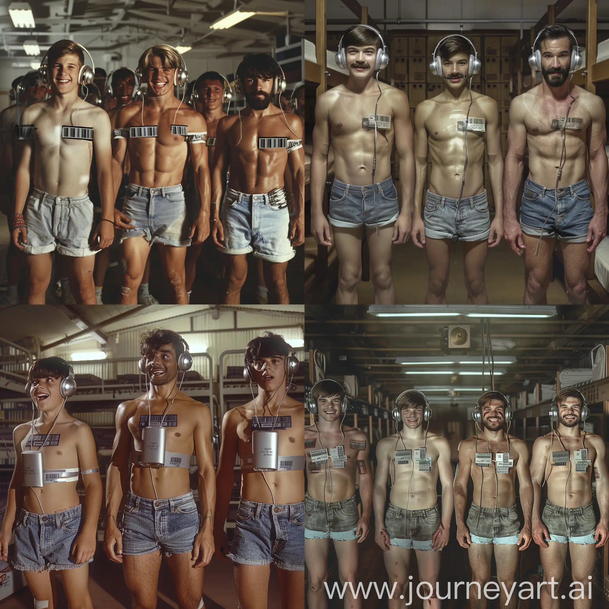 Handsome muscular teenage boys and handsome muscular middle-aged men each wear silver headphones and fitted cutoff denim shorts, dazed smiles, small barcode attached to each man's chest, 1980s army barracks with bunkbeds setting, facial hair, facing the viewer, mass indoctrination, color image, hyperrealistic, cinematic
