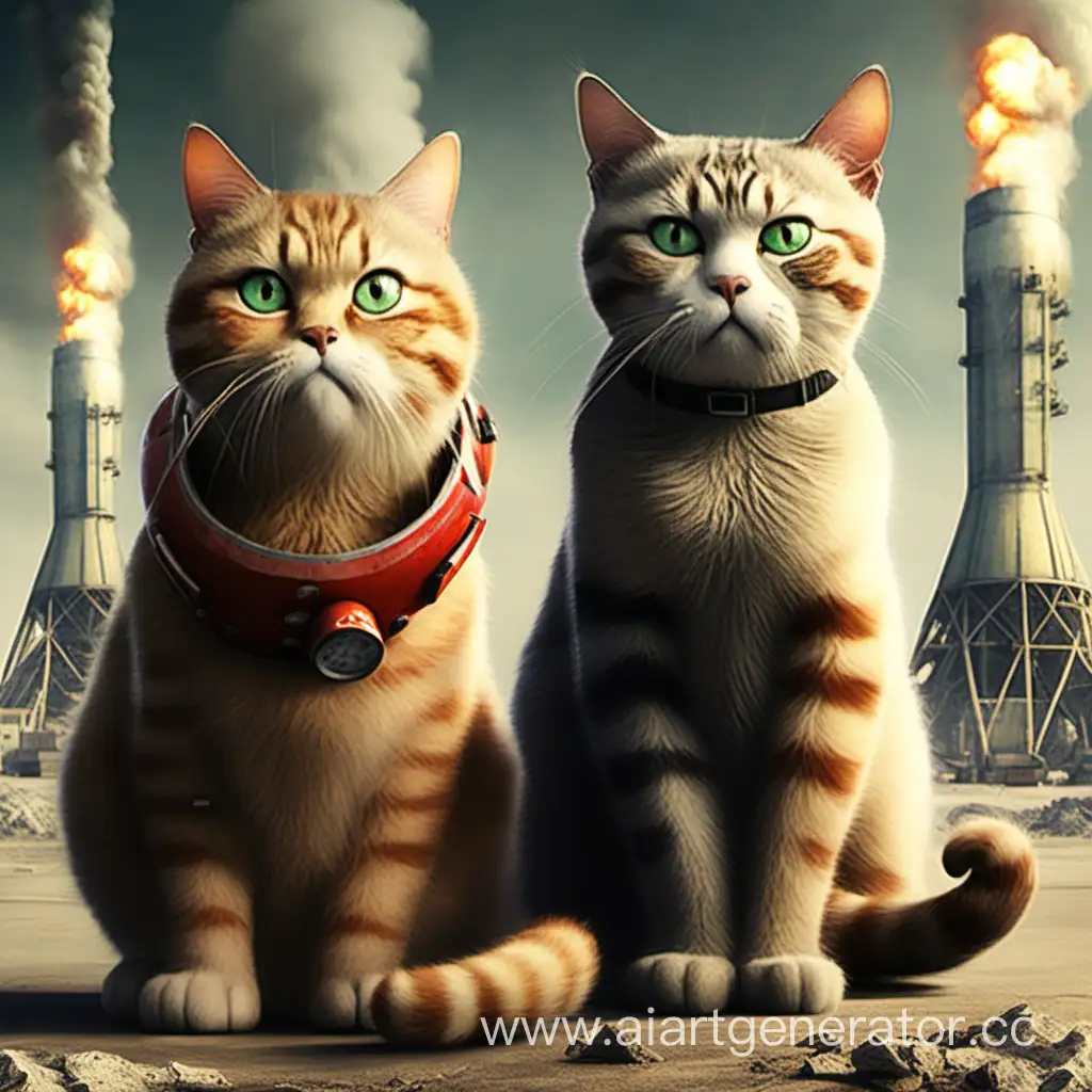 Сидят кот Олег и кошка Алёна а сзади них находится ядерная бомба