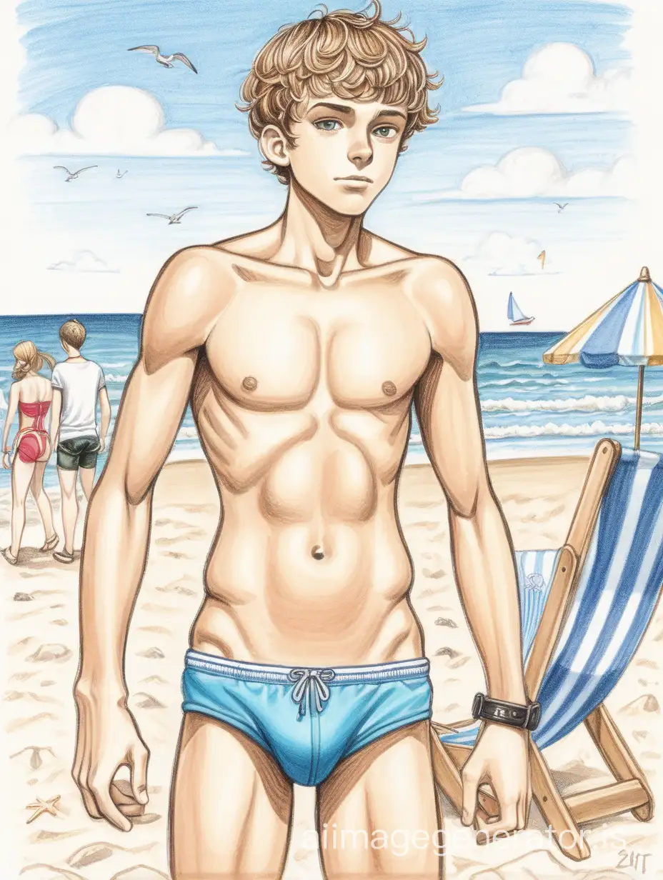 drawing of a slim boy on the beach. he's wearing a speedo with a large packed