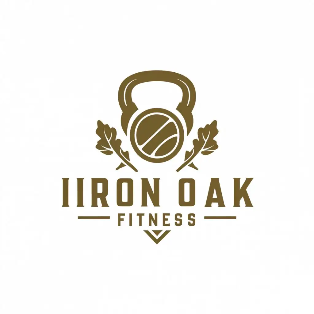 a logo design,with the text "Iron Oak Fitness", main symbol:Kettlebell and oak leaf,Minimalistic,be used in Sports Fitness industry,clear background