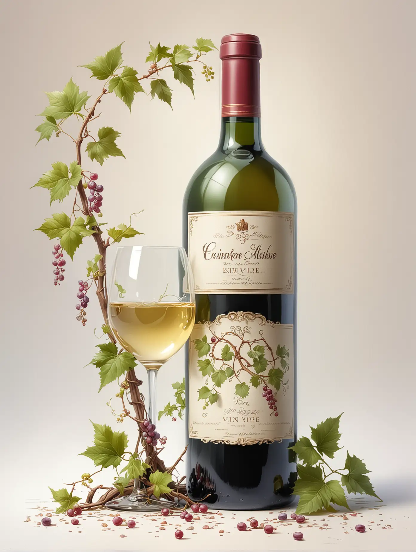 illustration a one vine with bottle wine, detailed, semi realistic, kinkade style, pastel color, white background --chaos 4