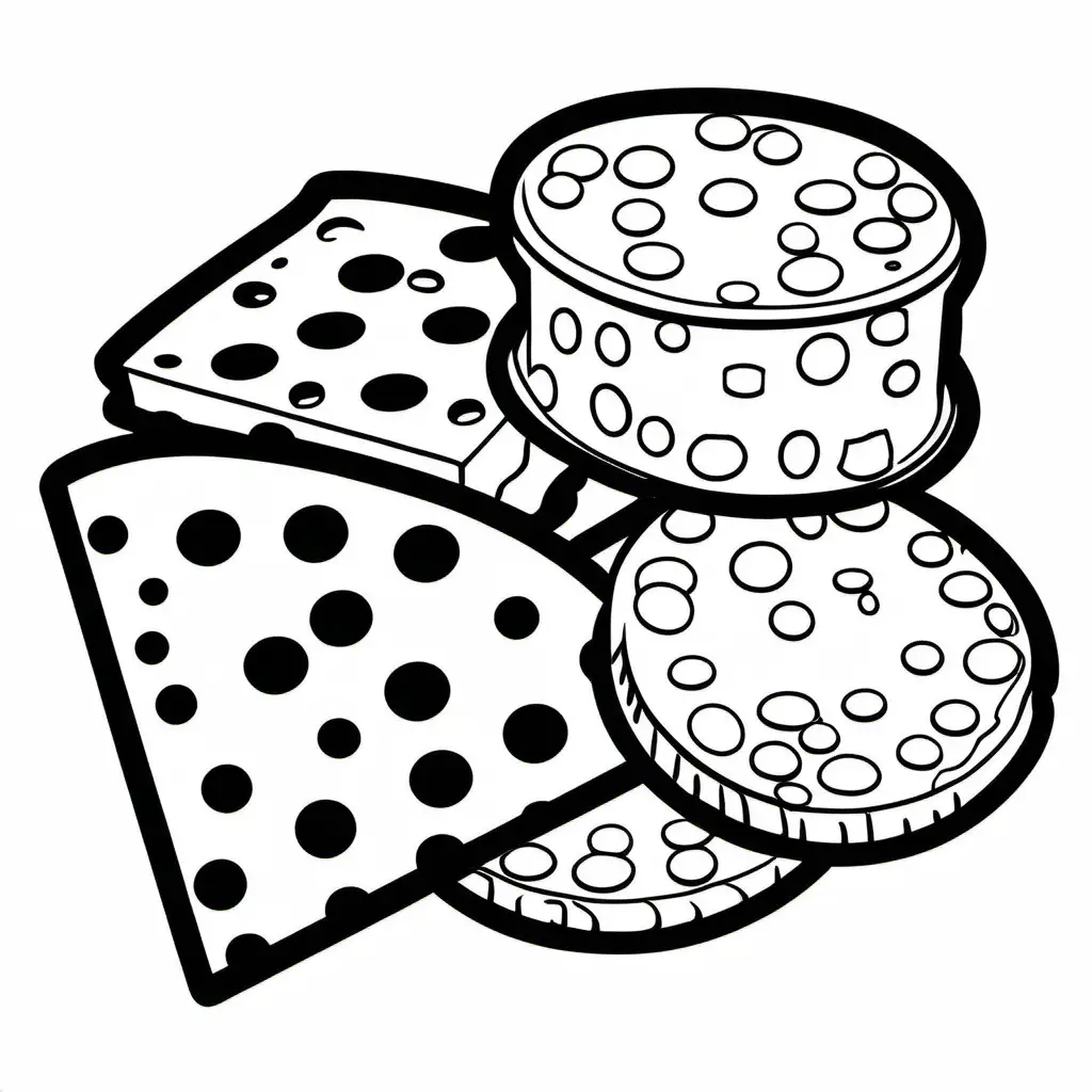 Create a bold and clean line drawing a Cheese crackers . without any background, Coloring Page, black and white, line art, white background, Simplicity, Ample White Space. The background of the coloring page is plain white to make it easy for young children to color within the lines. The outlines of all the subjects are easy to distinguish, making it simple for kids to color without too much difficulty