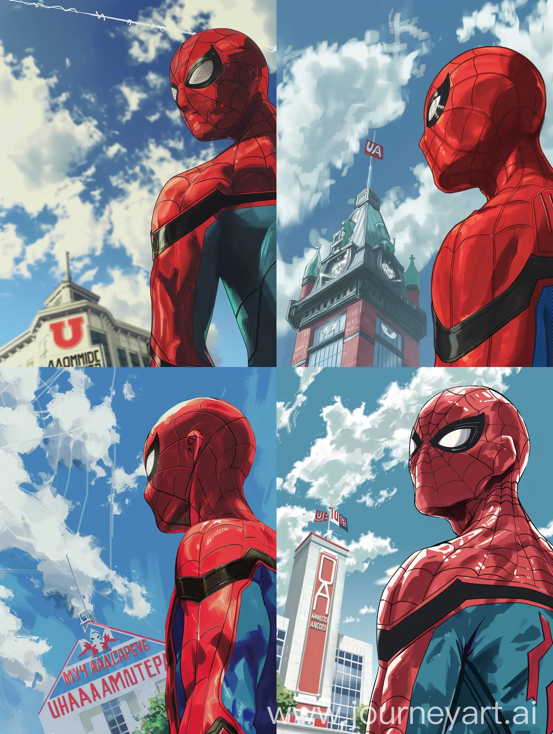 The upper half of Spider-Man back, standing and looking at the UA Academy building from My Hero Academia.  The clouds are white, the sky is blue.