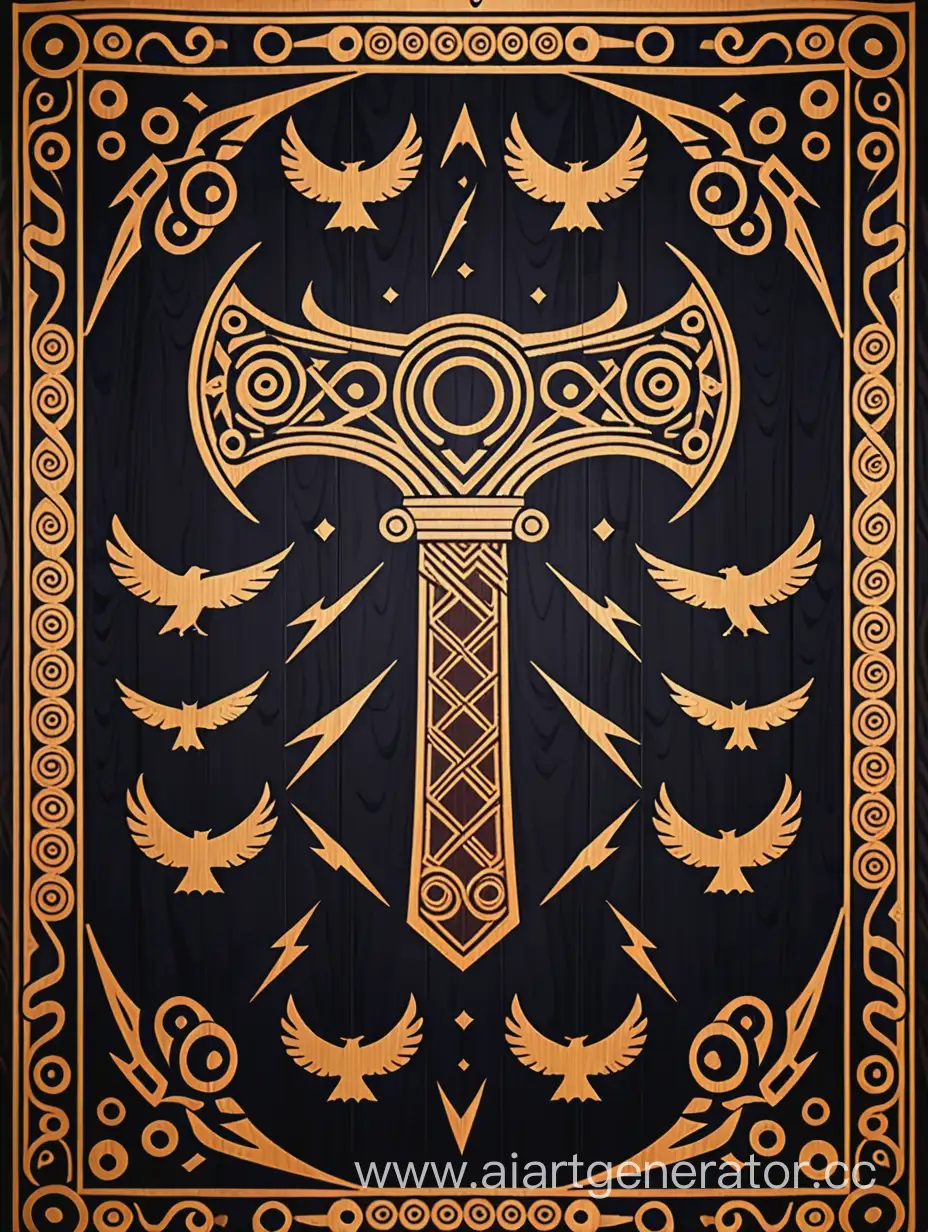 Узор из молота тора, молний, воронов в виде скандинавского гобелена, элементы золотым цветом, фон древесным