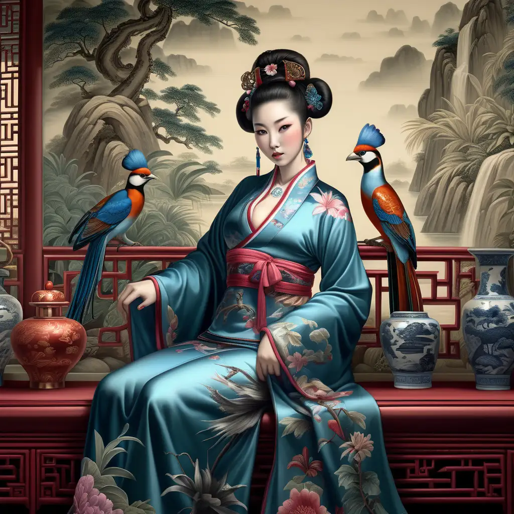 A traditional Chinese courtesan, sits in her bird conservatory, a painting of a traditional Chinese scenery, on a Ming vase, in the style of baroque-inspired chiaroscuro, mysterious jungle, realistic color palette, 8k resolution, tattoo-inspired, sfumato, rococo decadence --ar 93:128 --s 750 --v 6.0
