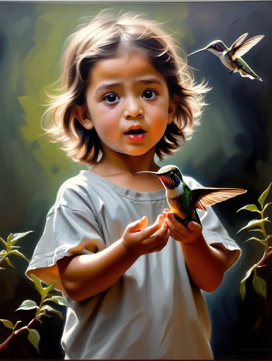 Innocent Wonder Child Holding Hummingbird in Enchanting Oil Painting
