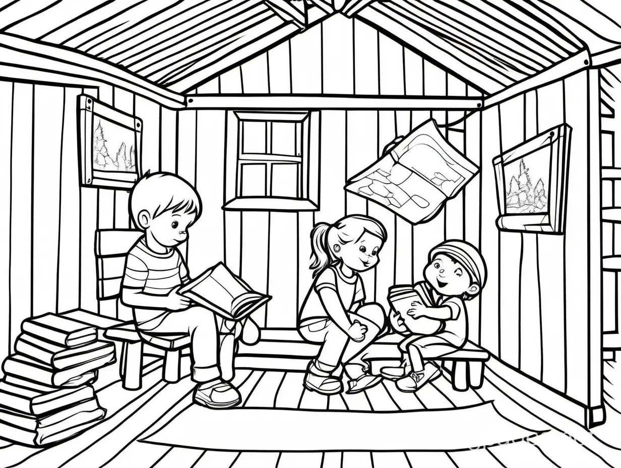 kids reading while in a cabin


, Coloring Page, black and white, line art, white background, Simplicity, Ample White Space. The background of the coloring page is plain white to make it easy for young children to color within the lines. The outlines of all the subjects are easy to distinguish, making it simple for kids to color without too much difficulty