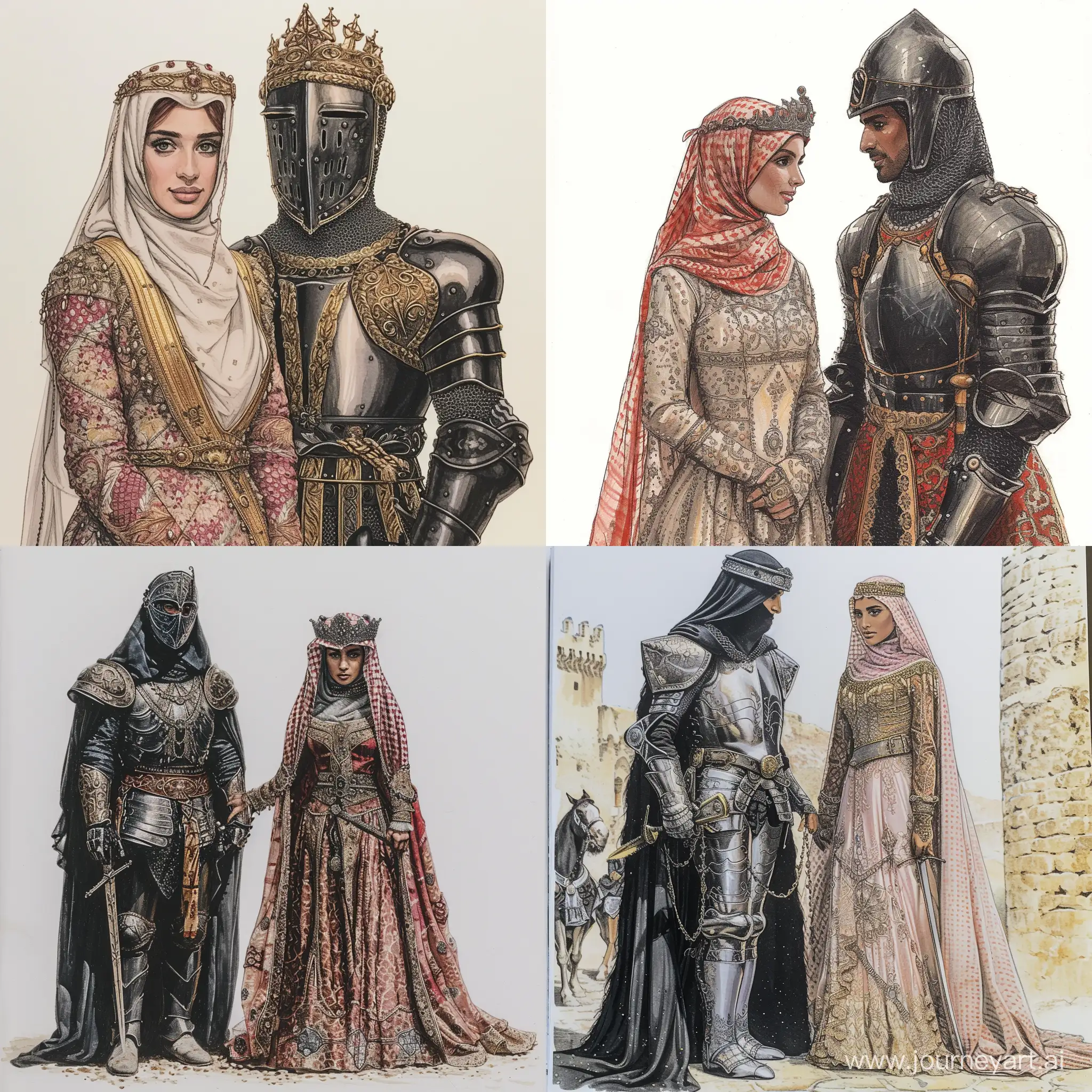 apollonia saintclair full coloured drawings book " ink in my blood" catalogue of  posing  standing pretty  saudi queen woman and her charming black knight guard wearing lawrence of arabia traditional Arab garb and lawrence of arabia headdress