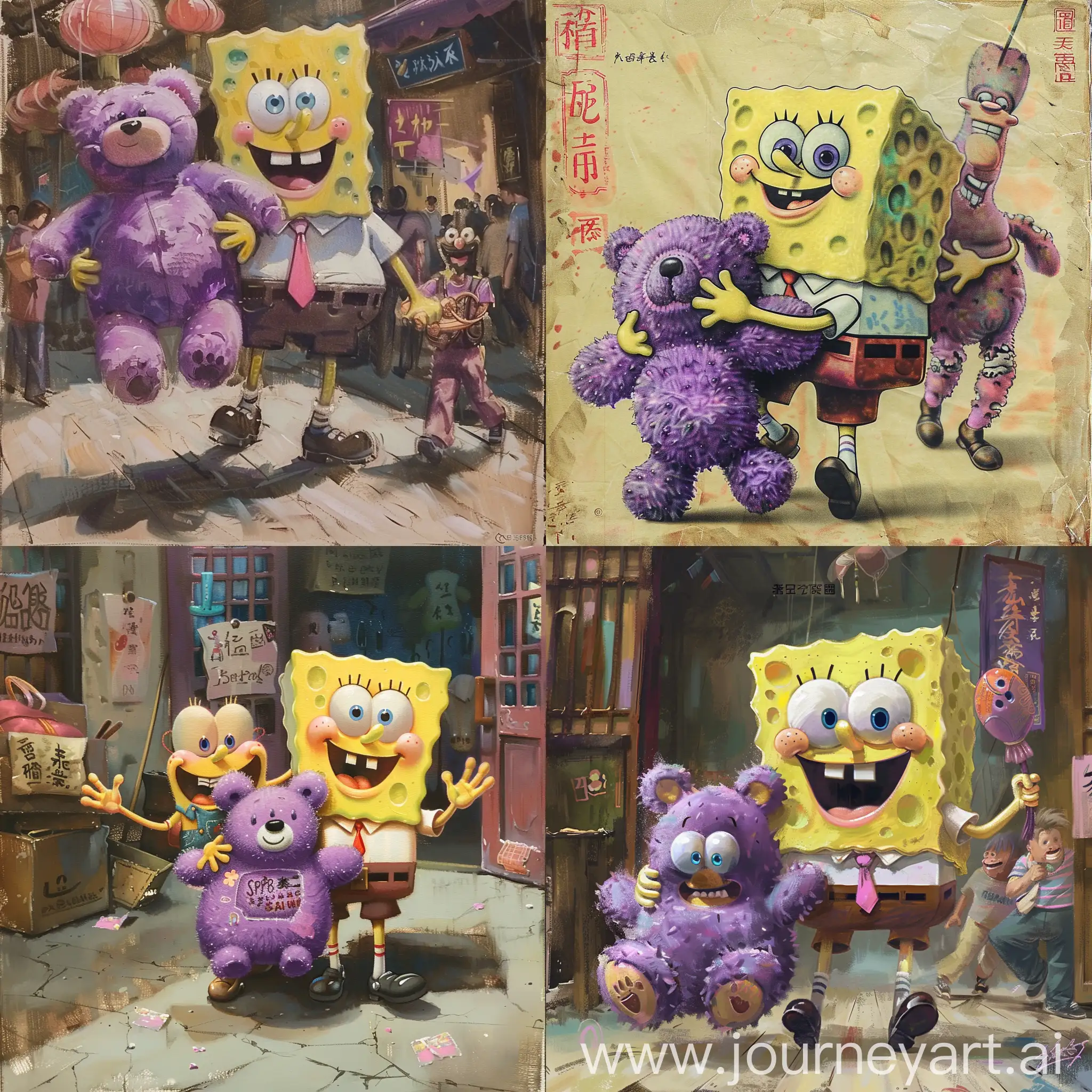 SpongeBob-and-Patrick-Carrying-Plush-Bear-Traditional-Chinese-Painting-Style