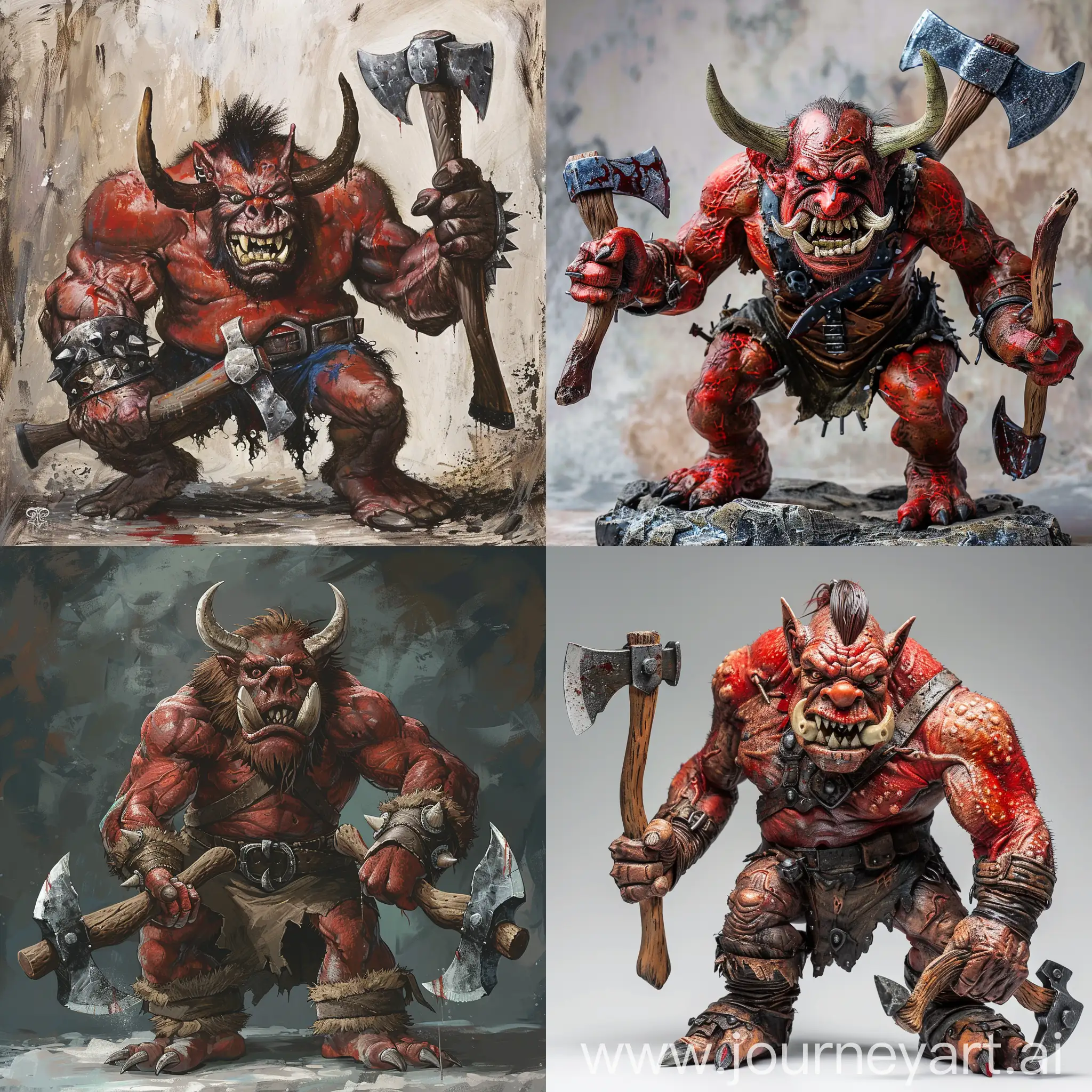 red skin crazy troll with tusks, axes in hands
