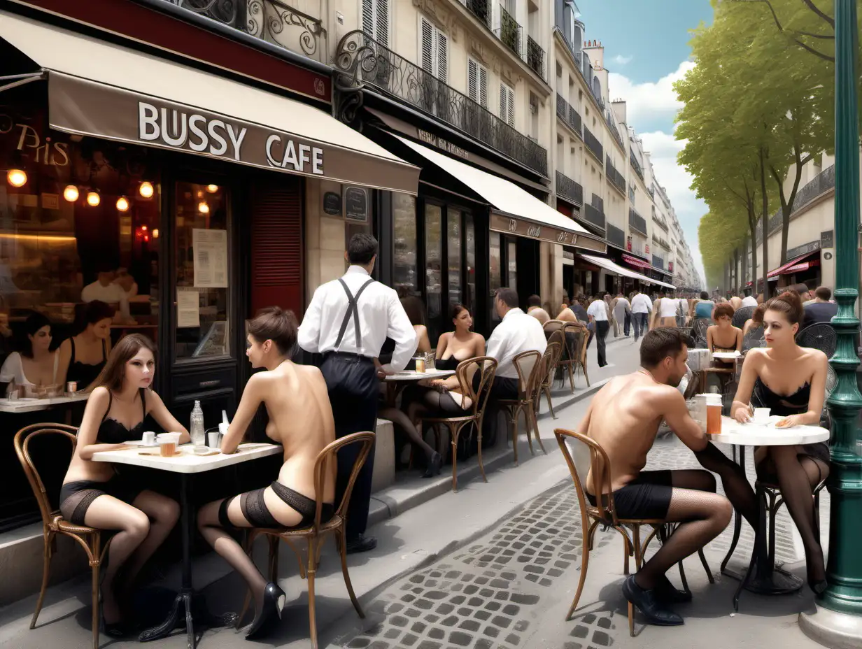 Realistic highly detailed photography, Outside, daytime. A street Cafe in Paris. Women and men sitting at tables. (women wear no tops and stockings). (men are dressed in busyness-suites ).