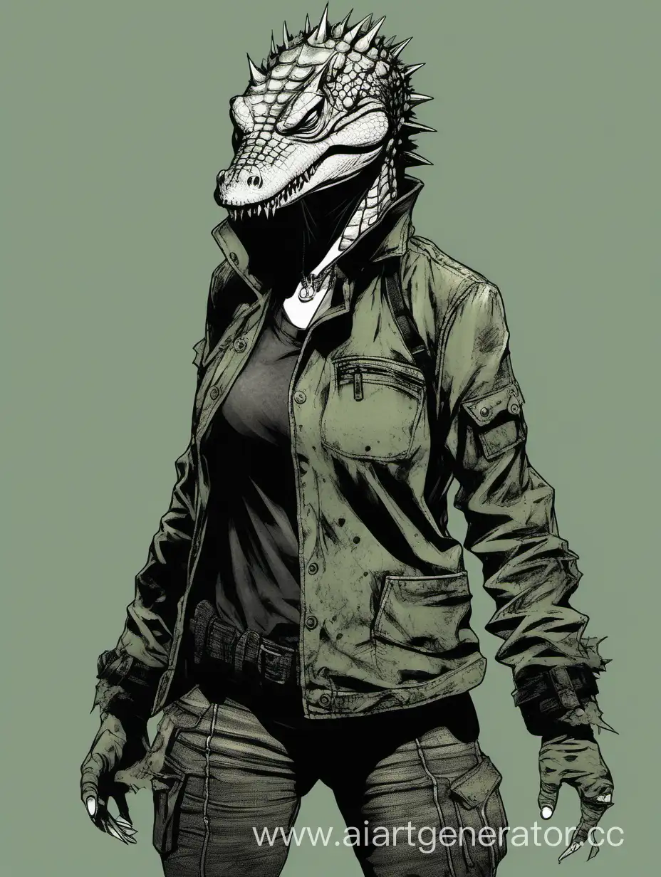 design of Dorohedoro female character in reptile crocodile mask
