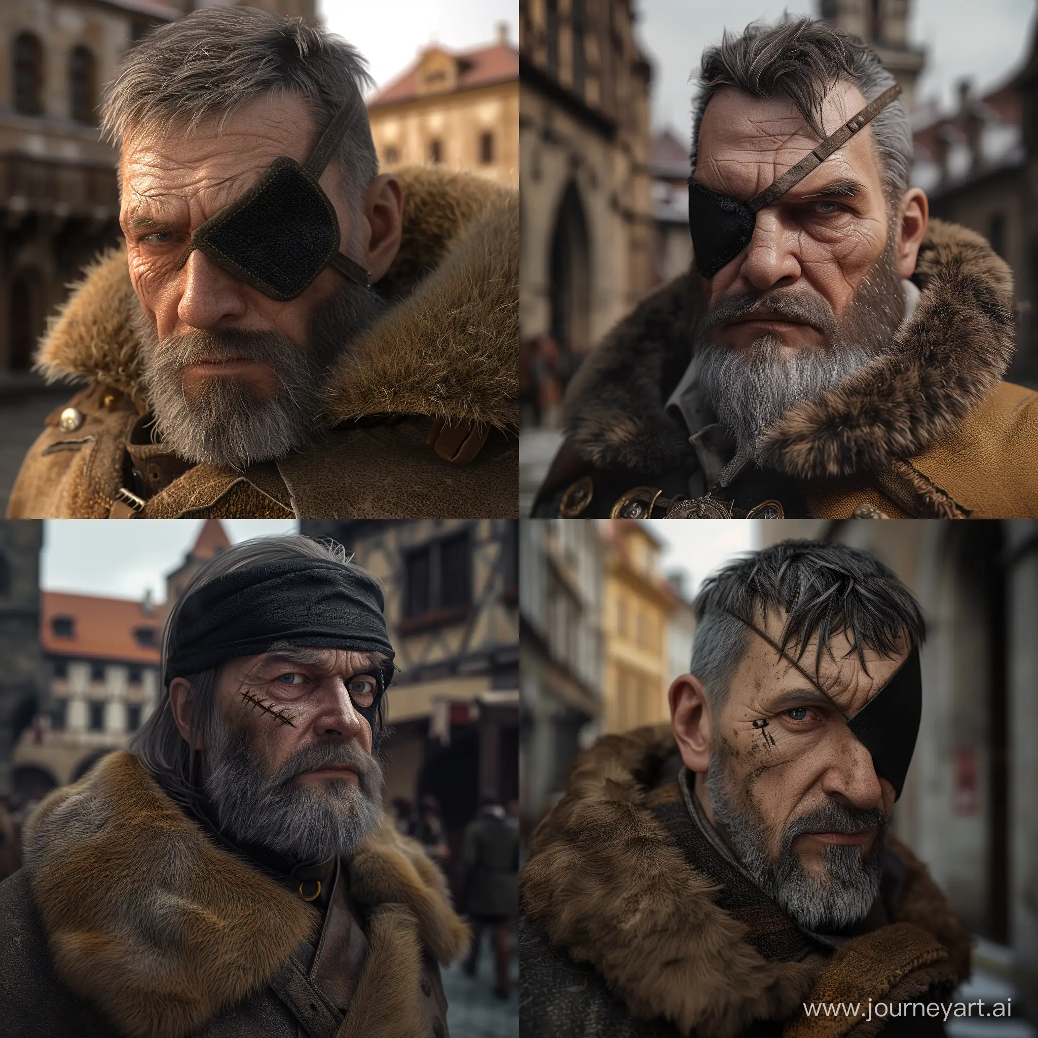 Czech Warlord Jan Zizka, Grizzled Beard, Thinning Gray Hair, his one eye is hidden with a black cloth eyepatch, wearing a coat with fur collar and fur hat, cinematic shots, realistic, 4k, photo realistic, cinematic lighting, in the medieval city centre