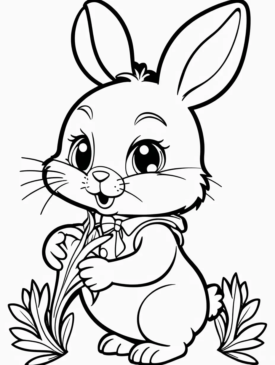 Very easy coloring page for 3 years old toddler. Fairytale little rabbit with carrot. Without shadows. Thick black outline, without colors. White background.