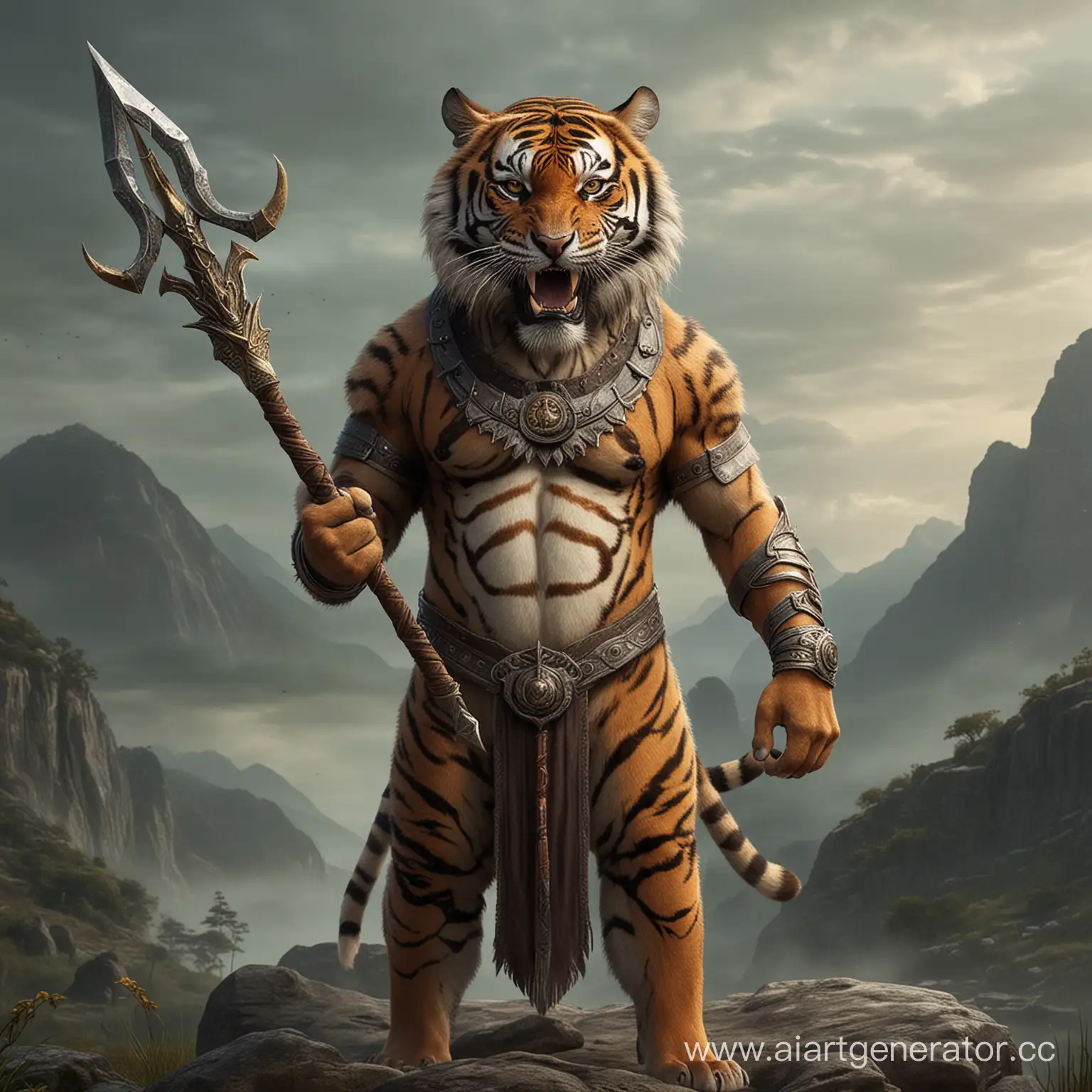 Majestic-Tiger-Wielding-a-Trident-in-Tropical-Jungle