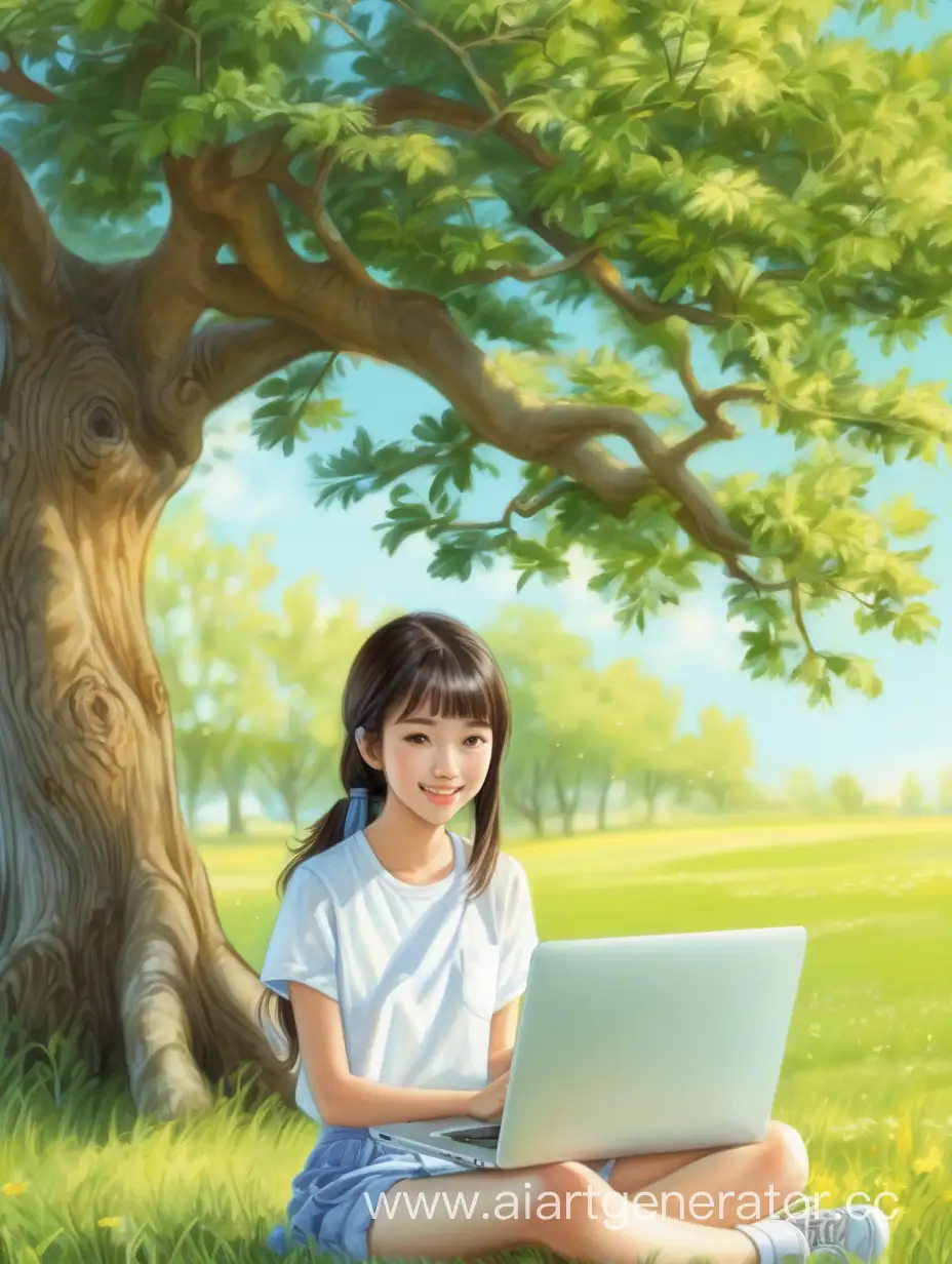 азиатка, веселая, красивая девушка работают на природе возле дуба летом в ноутбуке