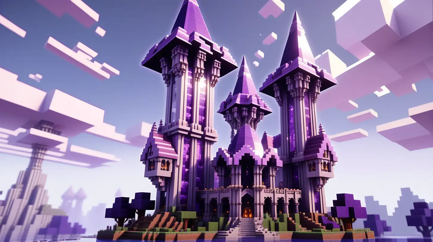 A minecraft style wizard tower, it has a beautiful grand design with a central tower made of crystal with a purple spire roof, it has 3 smaller towers hovering in the air around it