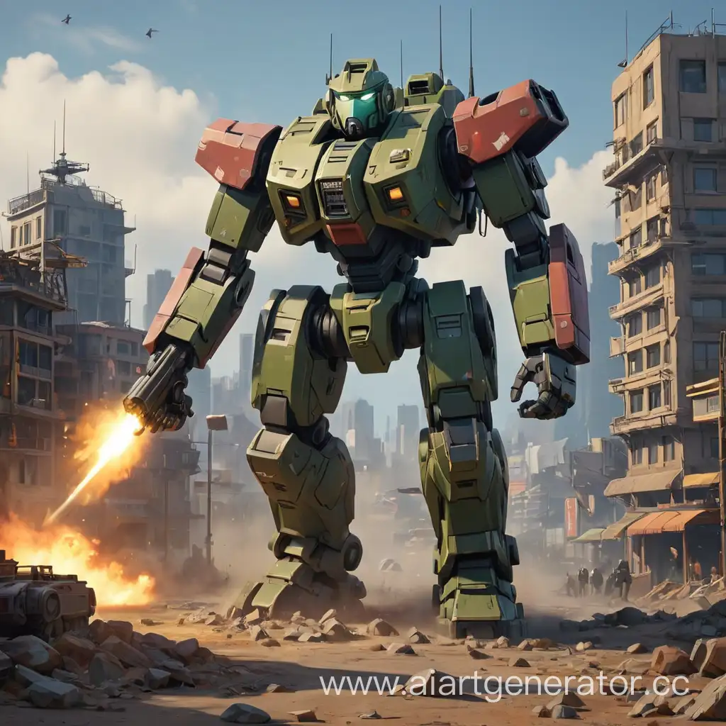 battletech mecha, nato military, razed city background, lowpoly, game unit