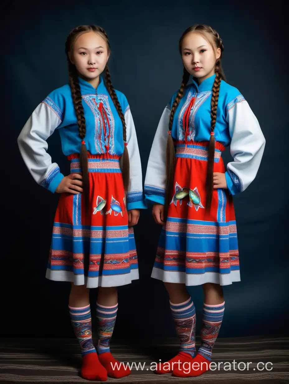 Девушки якутки в спущенных носках и национальных мини-платьях с длинными рукавами и косичками рыбачат, полный рост