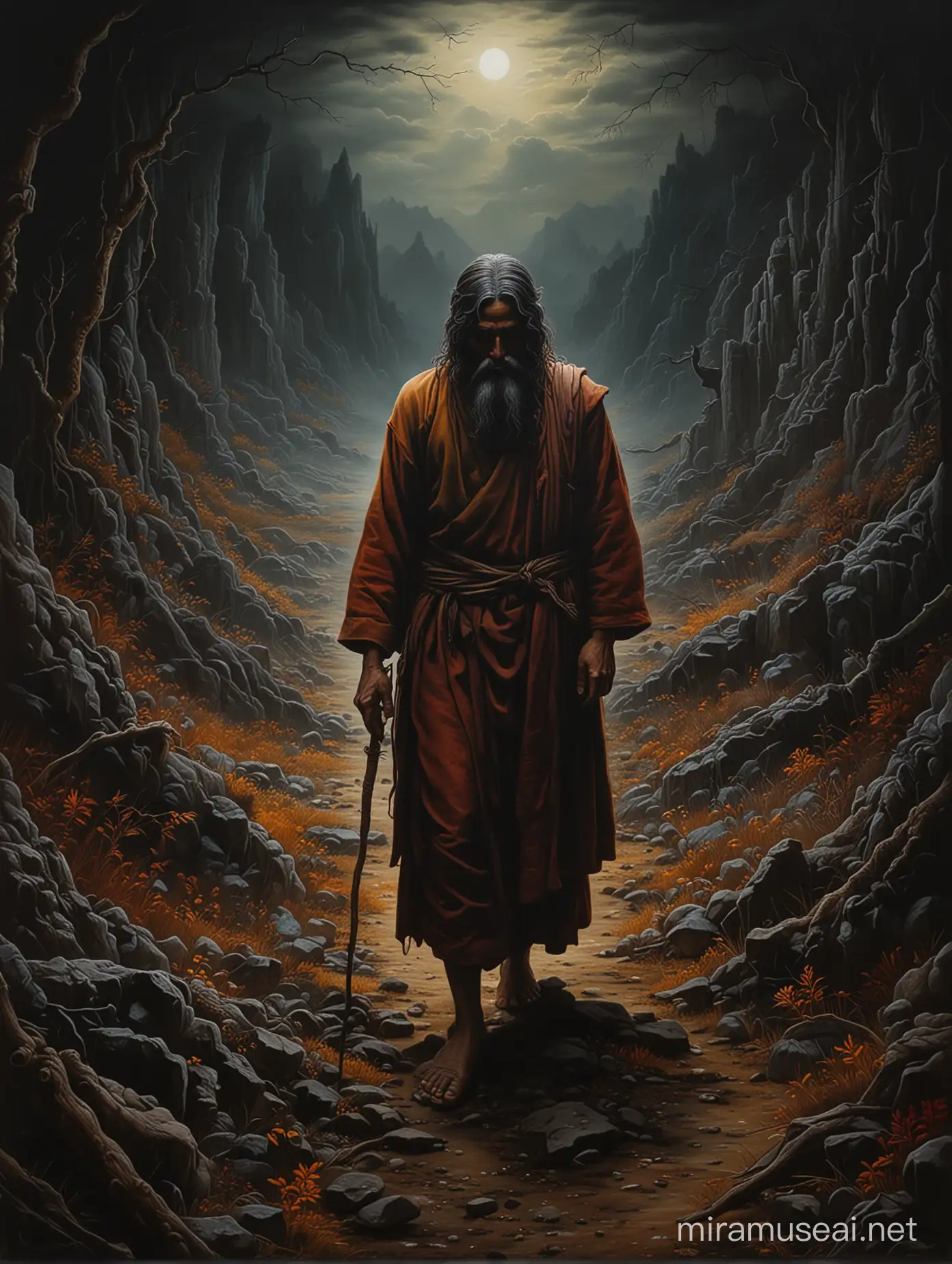 Surrealistic painting by Leo nardoda Vinci , featuring a Nepali close up figure lost in a dark and shadowy landscape, filled with doubt and fear. Detailed brushstrokes create an eerie atmosphere, while the use of vibrant colors adds a sense of intensity to the piece. The surrealist style adds an element of mystery and intrigue to the overall composition. (long shot)
