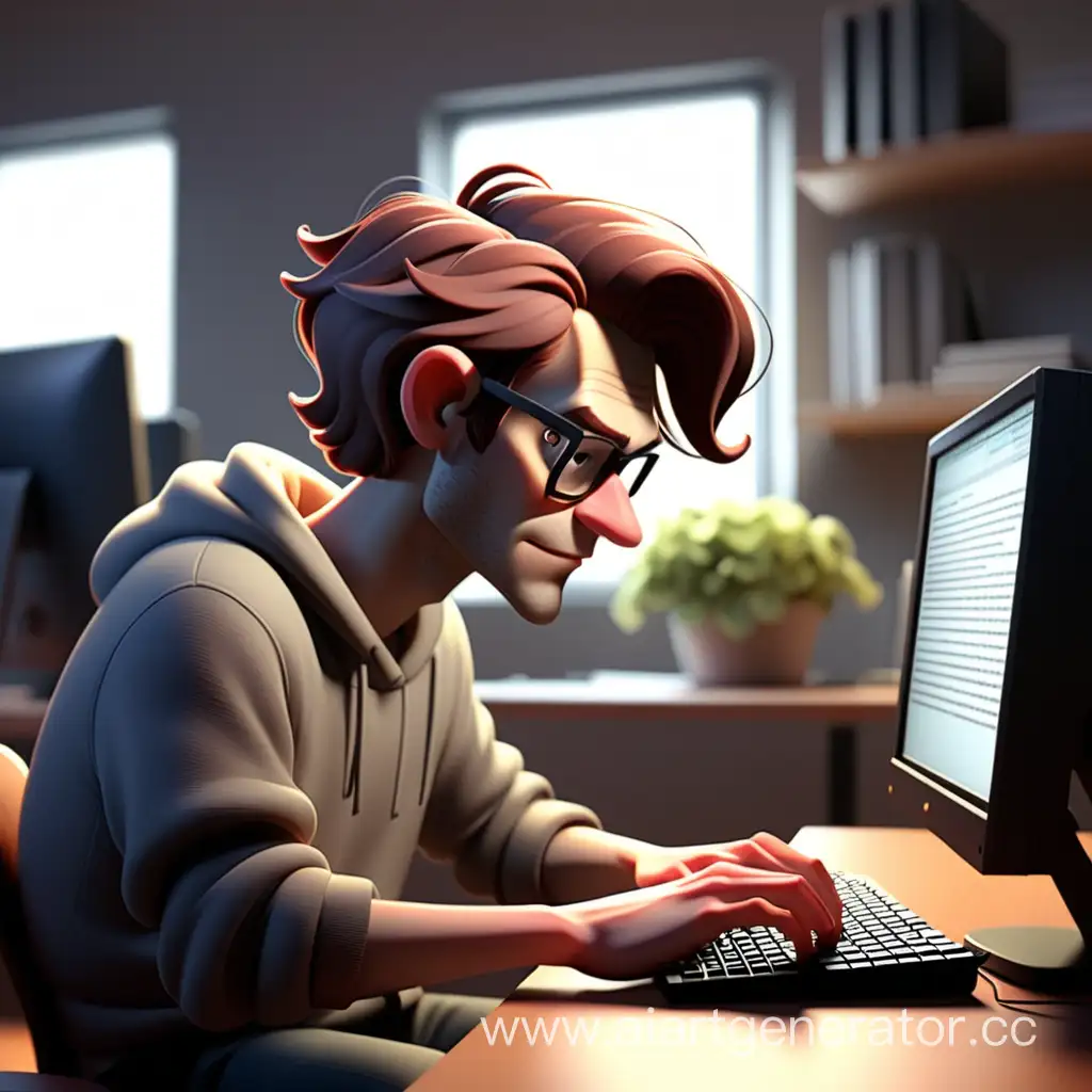 A person is sitting at the computer, typing text, and enjoying it.