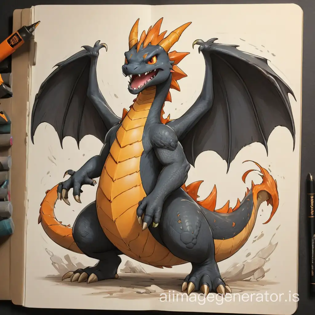 Sketchbook Style, Sketch book, hand drawn, dark, gritty, realistic sketch, Rough sketch, mix of bold dark lines and loose lines, bold lines, on paper, turnaround character sheet, pokemon charizard, a orange dragon, Full body, arcane symbols, runes, dark theme, Perfect composition golden ratio, masterpiece, best quality, 4k, sharp focus. Better hand, perfect anatomy. 