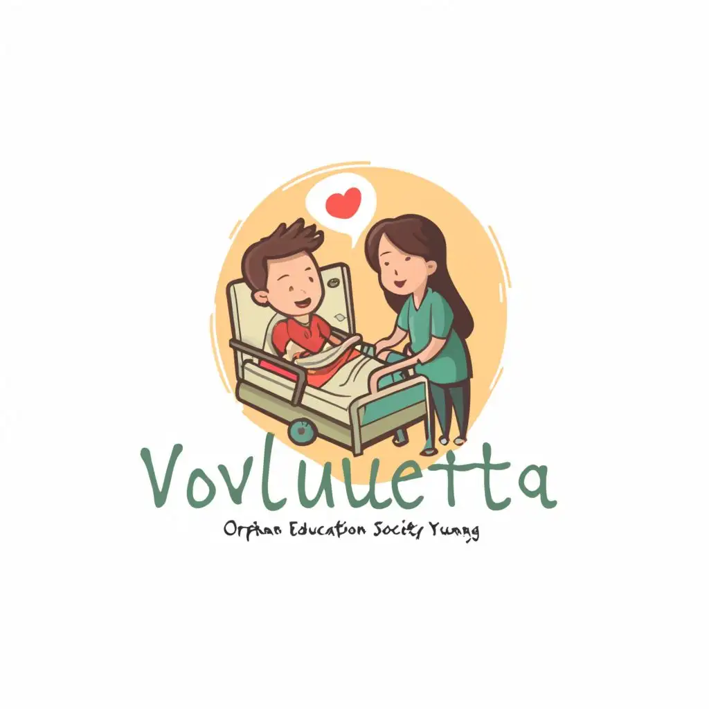 logo, A friendly volunteer in a "plain green" top comforts and visits a cute asian children lying in a hospital bed. It is in the style of a cute cartoon. Don't have a background. Use only very sample line drawings. 
 as a logo, with the text "Orphan Education Society Guangdong", typography