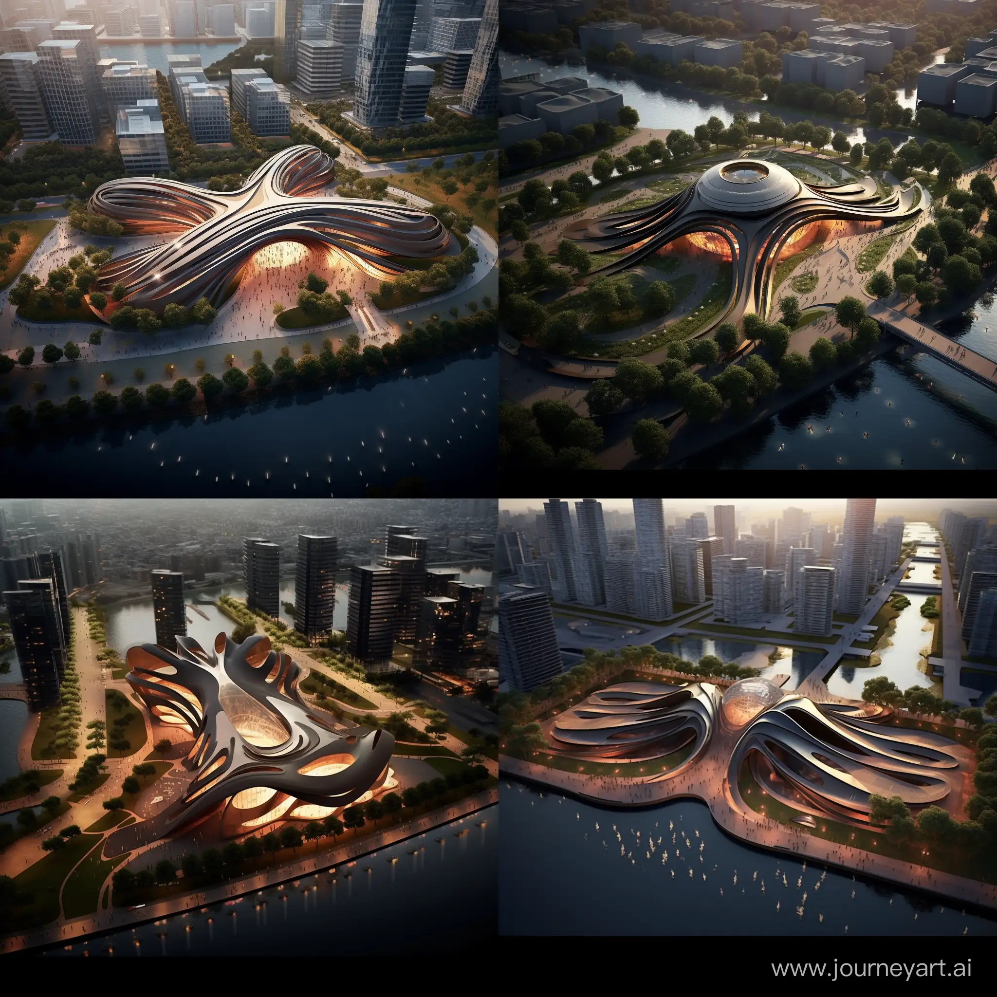 /imagine prompt: https://s.mj.run/dVakdShNkPY urban park on the water,aerial view, fluid and curved forms, black and metallic leather, sensation of movement, dynamism, carbon fiber, futuristic sensation,modern, integration of technology,modular design, set of LED lights, ergonomics, attractive, eye-Catching,abstract shapes,curved, sculptural, organic shapes in the style of the movie Blade Runner panorama 