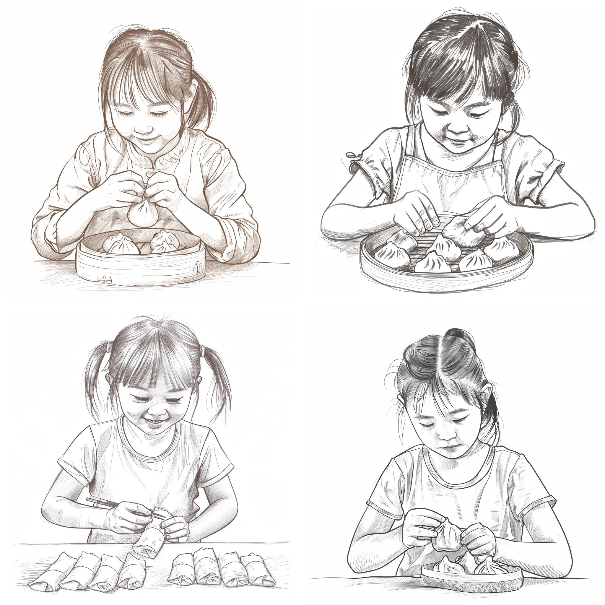 请用简笔画出一个9岁中国小女孩在包饺子的图片