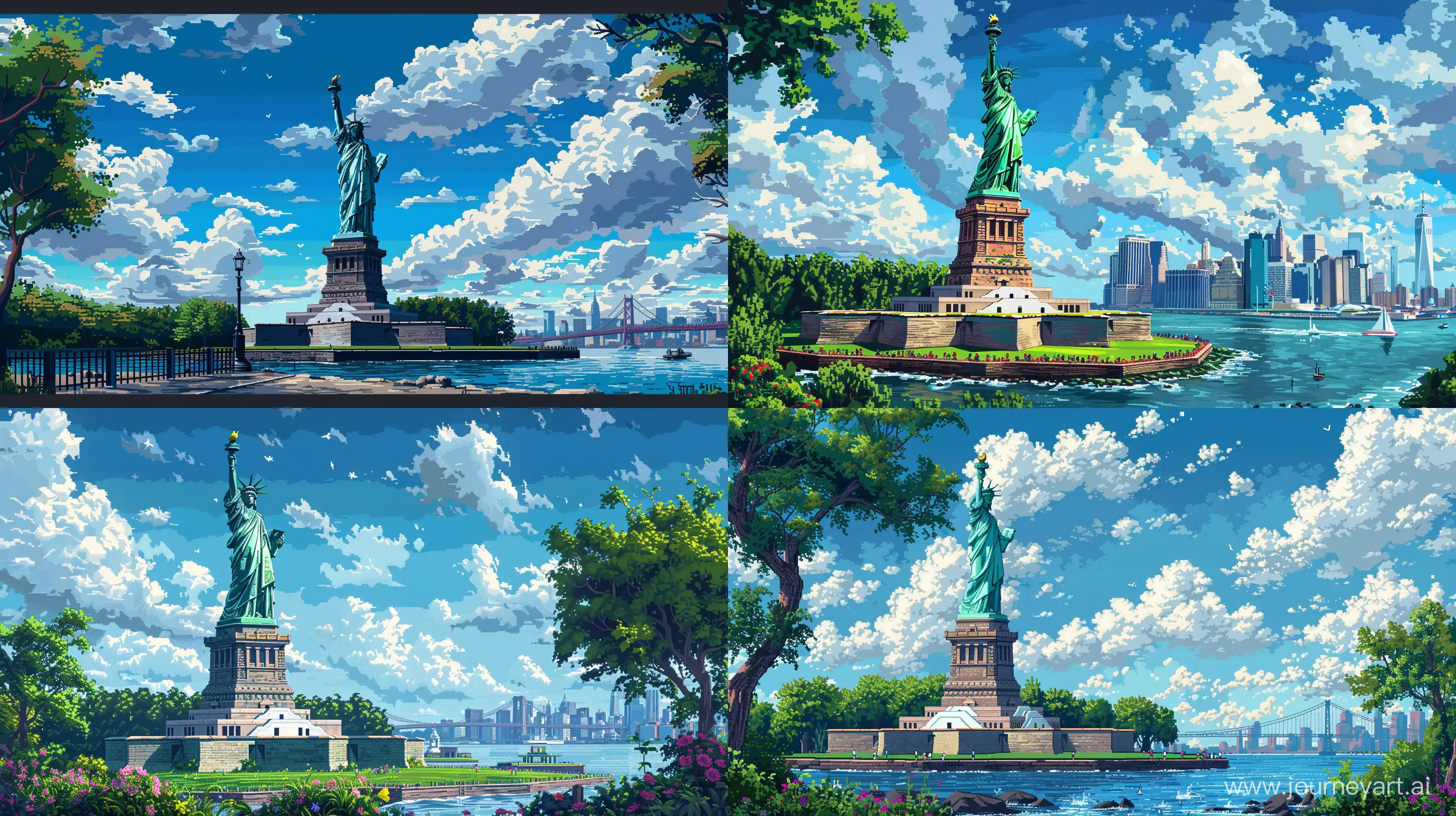 Statue of Liberty View Illustration in 8-bit Pixel Art Style, Day Time, Realistic Light Reflections, Natural Color Details, Extremely Details --s 500 --ar 16:9