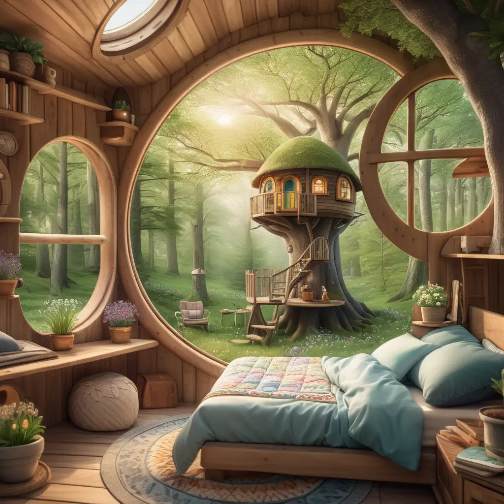 画一个森林里的树屋，树屋有一个圆形的木制窗户，窗户边摆了很多盆小花，屋子里还有一张舒适的单人床，床上的被子随意地堆着，背角被掀开
