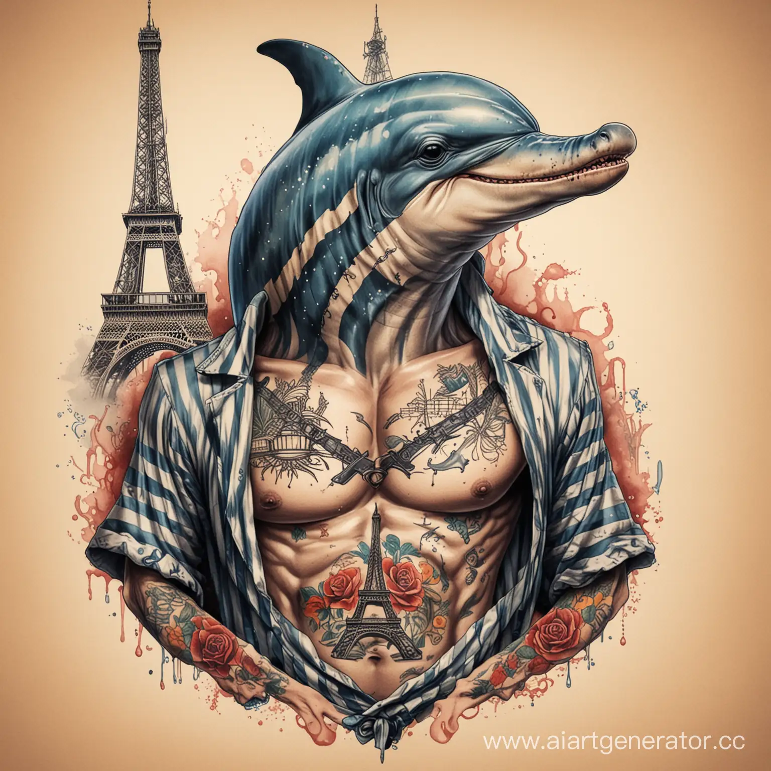 дельфин преступник, разрывает на себе полосатую робу, на груди тату эйфелева башня, в стиле олдскул тату