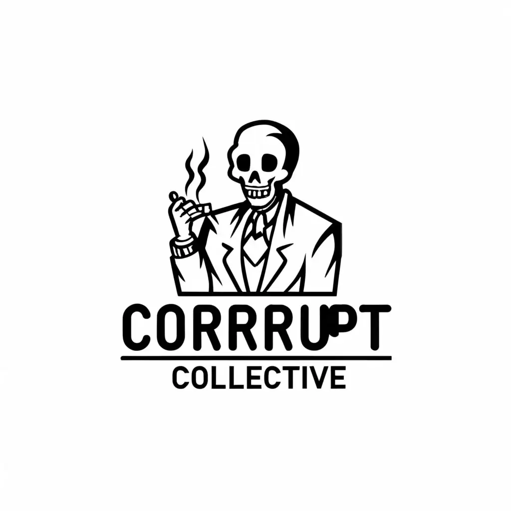 a logo design,with the text "Corrupt Collective", main symbol:Skeleton smoking a cigarette,Minimalistic,be used in Retail industry,clear background